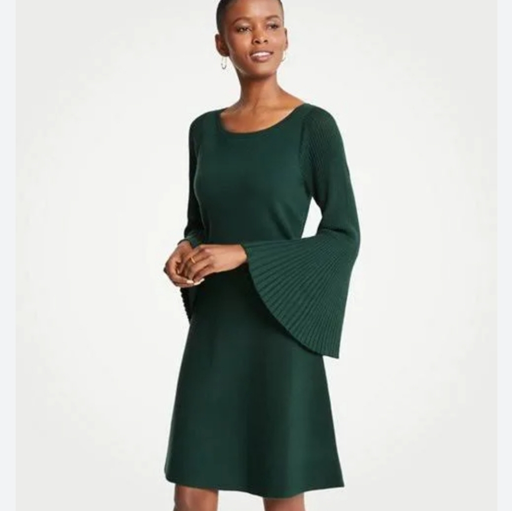 Ann Taylor Petite Green Wool-blend Flared Bell Sleeve Sweater Dress